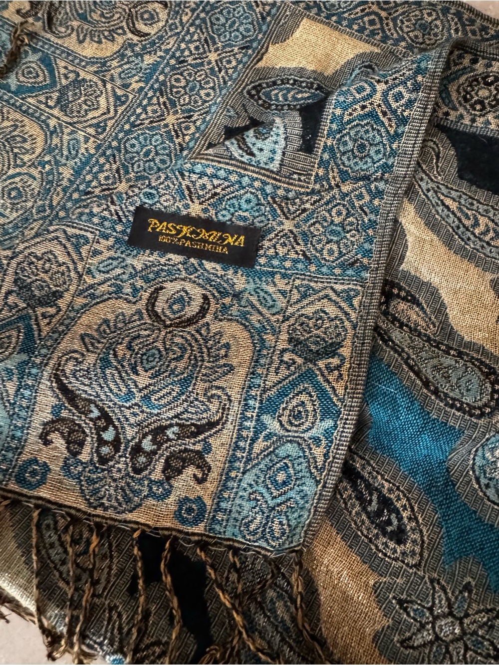 NEW 100% Pashmina Shawl Teal, Cream, Gold, Navy, Jacquard w/ Fringe Drape